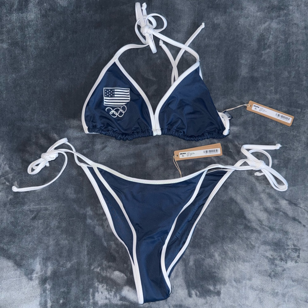SKIMS Blue and White Olympic String Bikini L/M